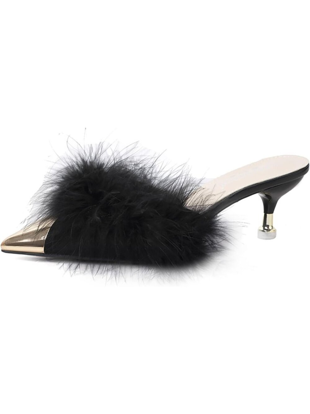 Women's Black 1 Fluffy Feather High Heel Mules Slip-On Comfortable Pinted